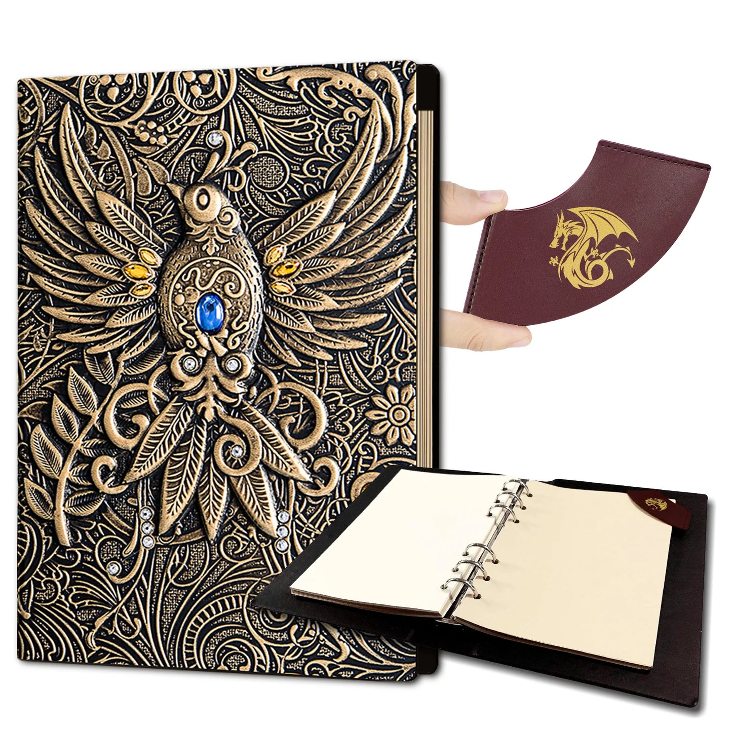 DND Journal 400 Page Book with 3D Dragons Leather Refillable 6-rings binder and Bookmark for dungeons and dragons D&D Notebook