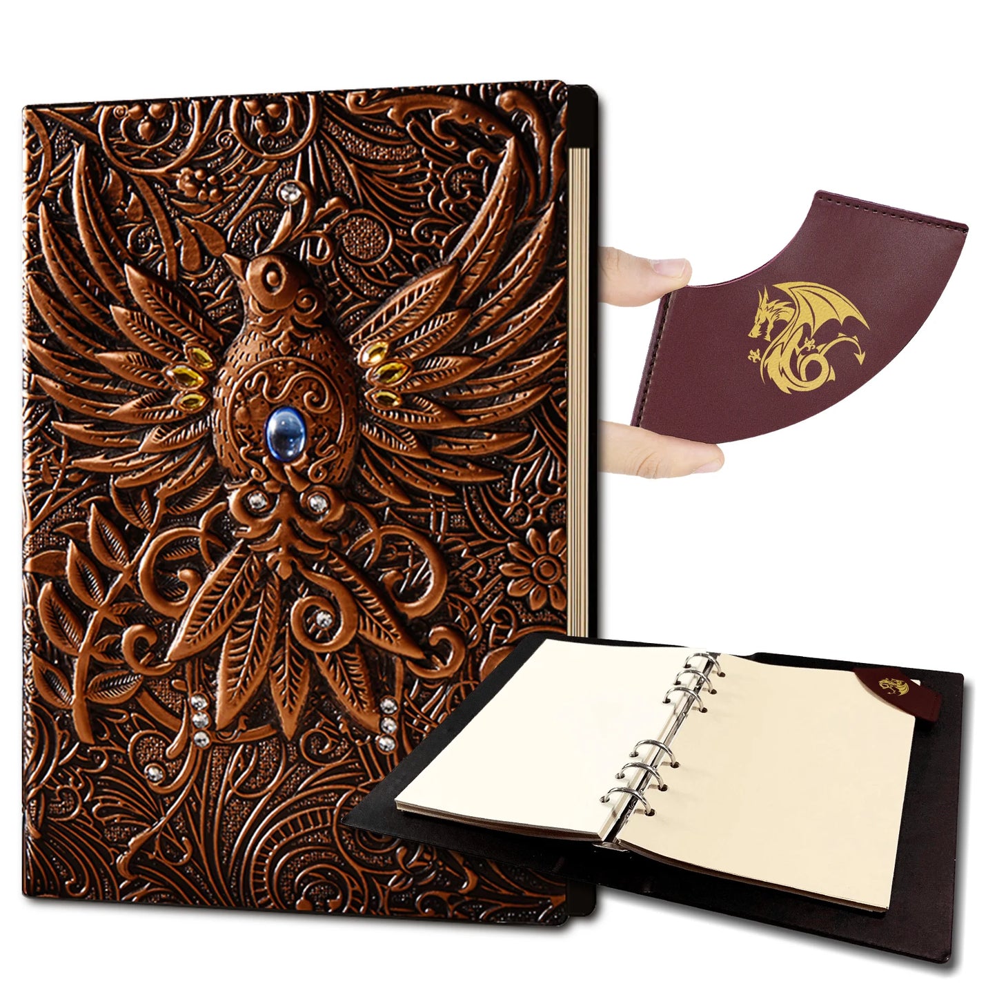 DND Journal 400 Page Book with 3D Dragons Leather Refillable 6-rings binder and Bookmark for dungeons and dragons D&D Notebook
