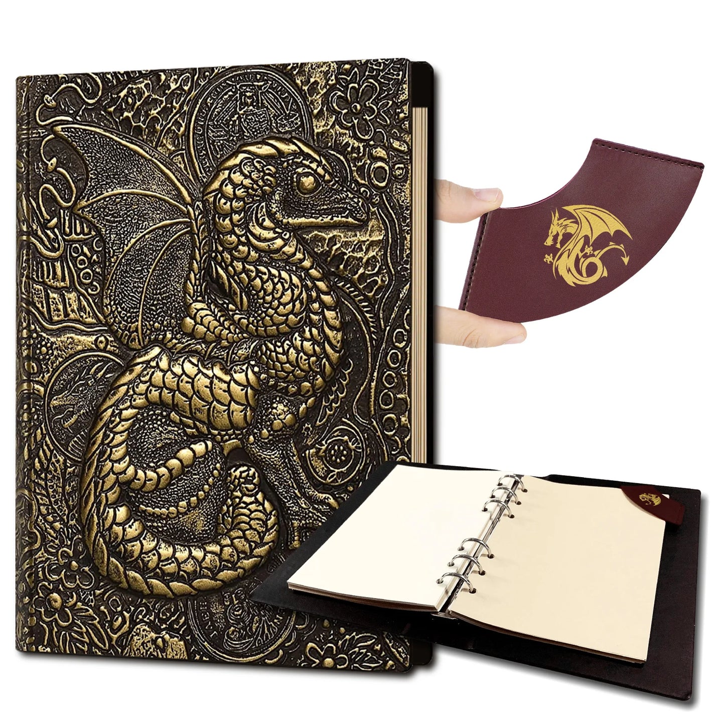 DND Journal 400 Page Book with 3D Dragons Leather Refillable 6-rings binder and Bookmark for dungeons and dragons D&D Notebook