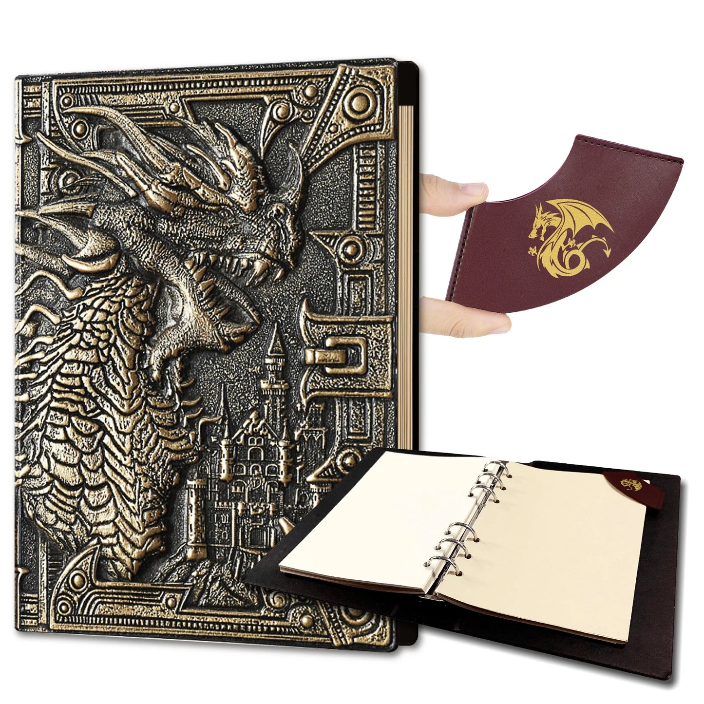 DND Journal 400 Page Book with 3D Dragons Leather Refillable 6-rings binder and Bookmark for dungeons and dragons D&D Notebook