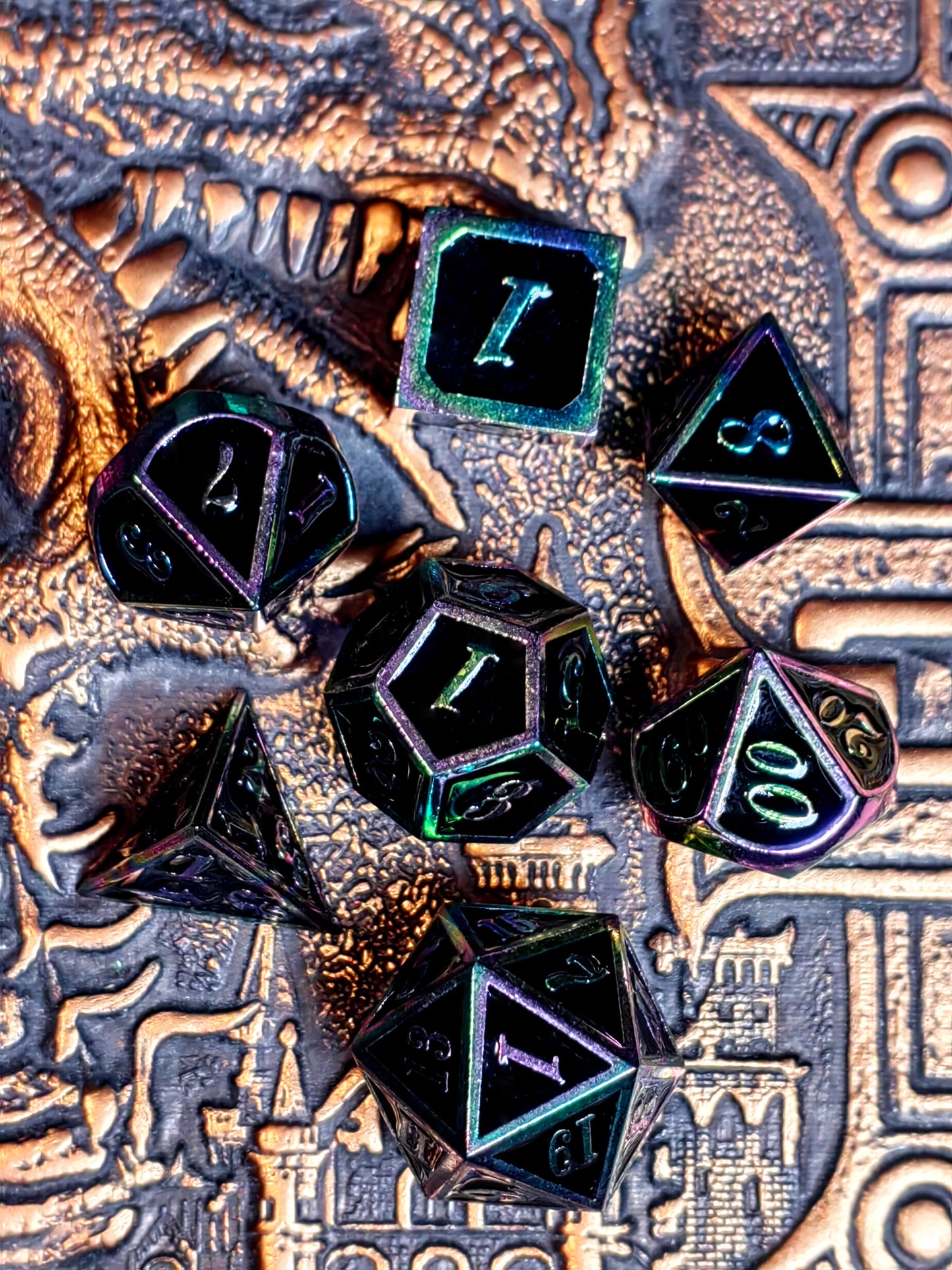 DnD Metal Dice Set - 7 Piece Zinc Alloy Polyhedral Dice with Bright Silver & Gold Numbers for Dungeons and Dragons RPG Games